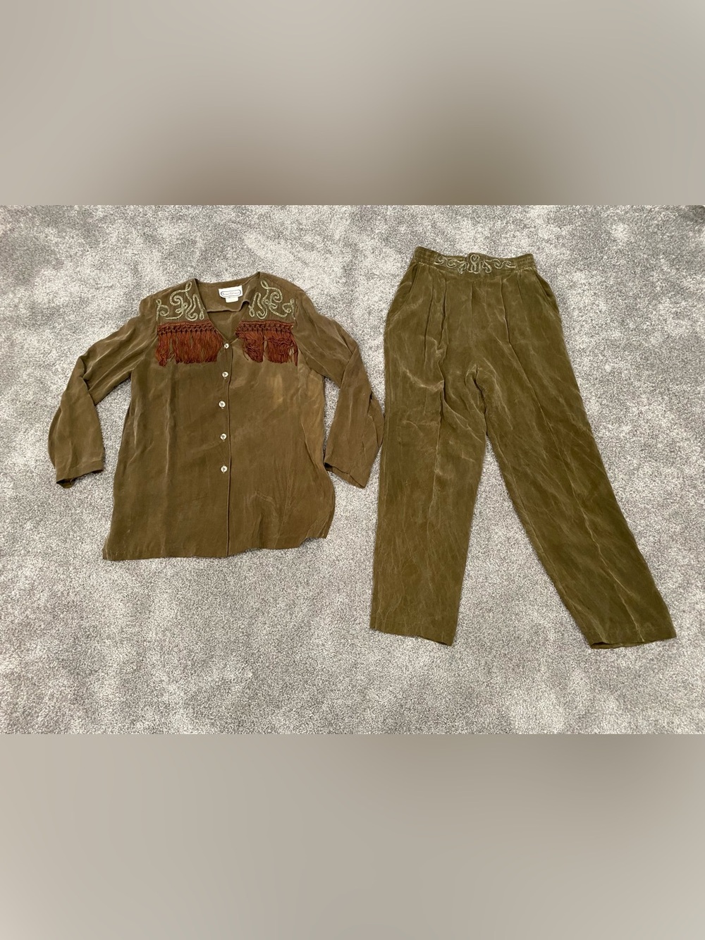 Olive Fringe Shirt & Pants Saint Germain Paris Made In USA Size Med VTG Rayon